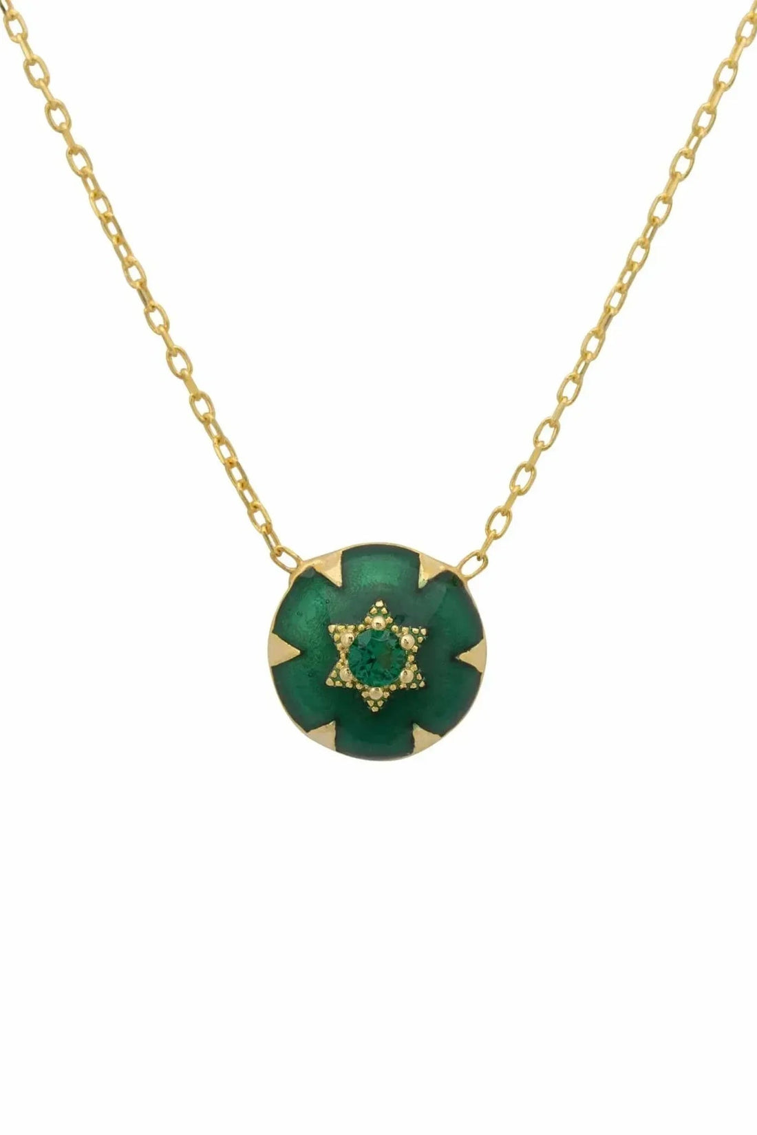 Gold-tone chain necklace with green enamel Star of David pendant