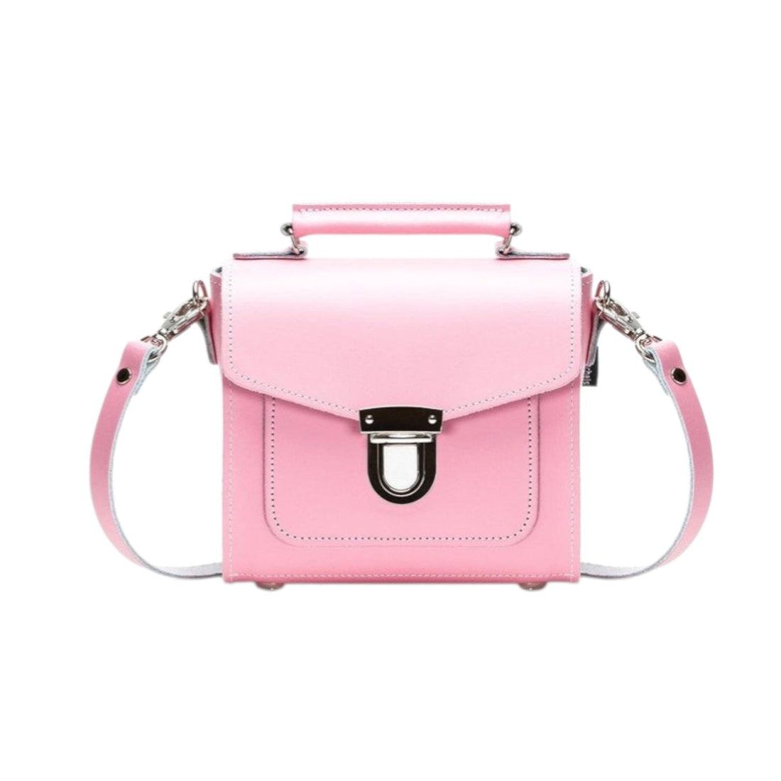 Pastel pink leather handbag with top handle, shoulder strap, and front flap clasp.