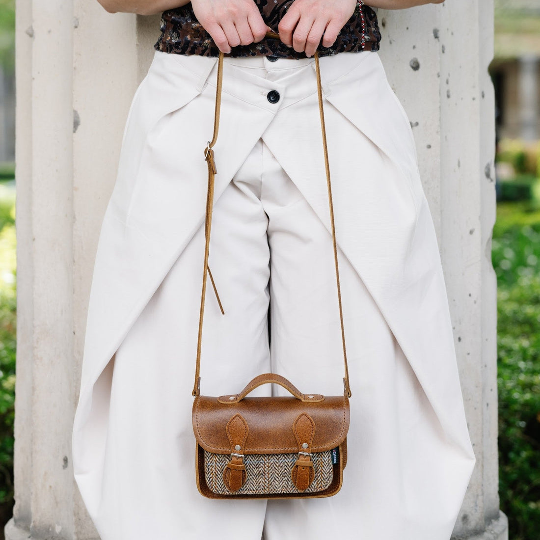 Handmade Tannery Leather and Tweed Cross Body Micro Satchel Plus - Tan-1