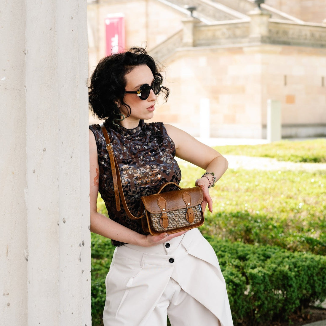 Handmade Tannery Leather and Tweed Cross Body Micro Satchel Plus - Tan-2