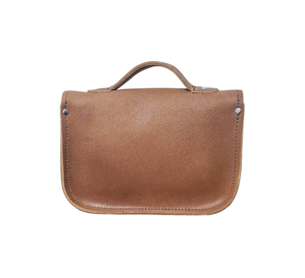 Tan leather midi satchel with curved top handle and front flap