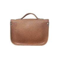 Tan leather midi satchel with curved top handle and front flap