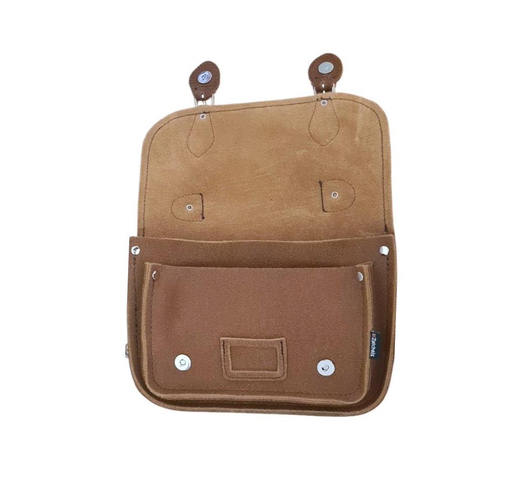 Tan leather satchel back panel with top loops and front pocket
