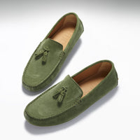 Safari green suede driving loafers with tassels and brown leather lining
