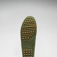 Green suede loafer sole with tan rubber driving-grip studs