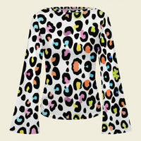 Women's Multi Color Leopard Print Boat Neck Flare Sleeve Top