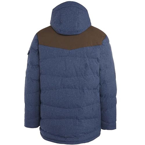 Back of blue Trespass Bank padded jacket, showing hood, brown shoulder yoke and quilted panels