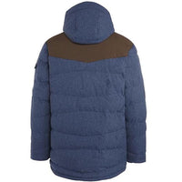 Back of blue Trespass Bank padded jacket, showing hood, brown shoulder yoke and quilted panels