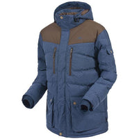 Blue Trespass Bank padded jacket with hood, brown shoulder panels, front zip and flap pockets
