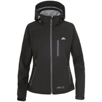Black women's softshell jacket with hood, front zip, and three zip pockets