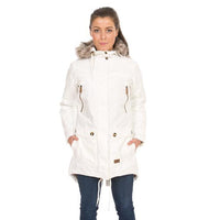 White waterproof parka jacket with faux-fur hood, front snap pockets, and drawcord hem on model