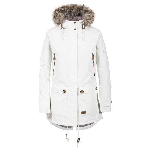 Waterproof parka jacket in white with faux-fur hood, button placket, and chest pockets