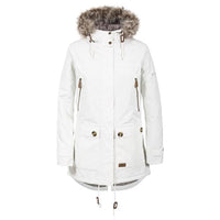 Waterproof parka jacket in white with faux-fur hood, button placket, and chest pockets