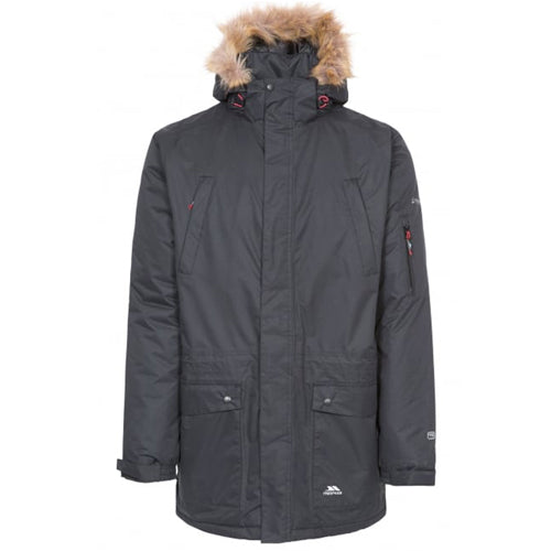 Charcoal Trespass Jaydin waterproof parka with fur-trimmed hood and flap pockets.