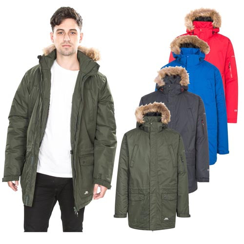 Trespass Jaydin waterproof parka shown in olive, red, blue and charcoal, with fur-trimmed hoods.