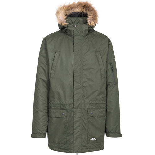 Olive Trespass Jaydin waterproof parka with fur-trimmed hood and flap pockets.