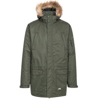 Olive Trespass Jaydin waterproof parka with fur-trimmed hood and flap pockets.