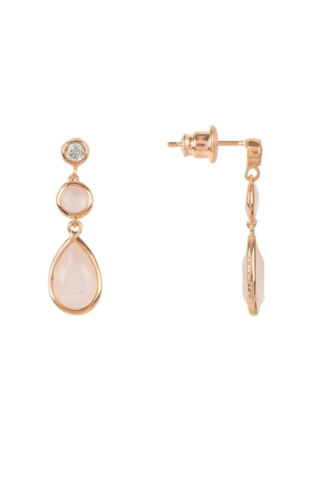 Rose gold drop earrings with round stud and teardrop rose quartz, back view