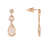 Rose gold drop earrings with round stud and teardrop rose quartz, back view