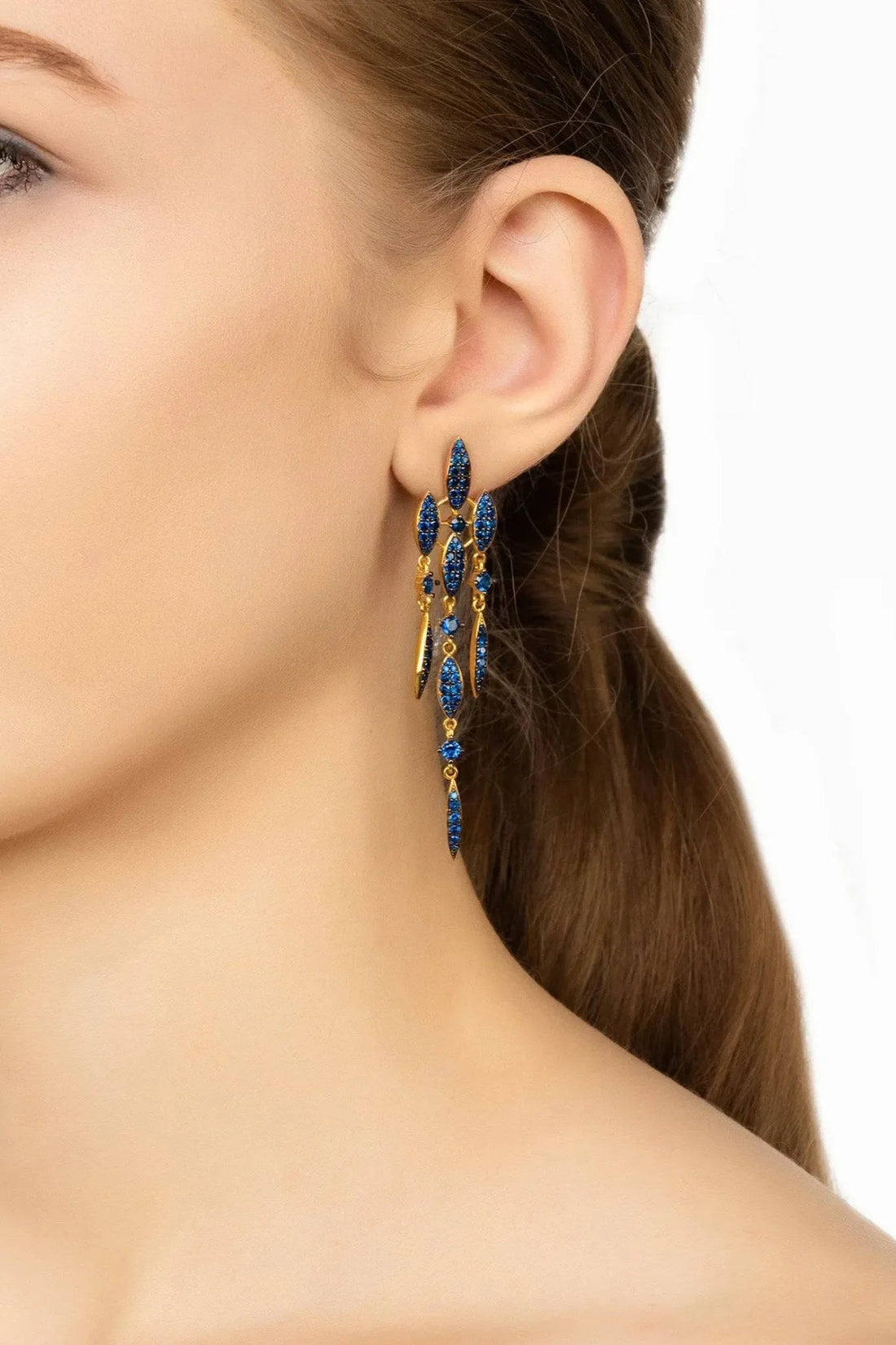 Valencia Statement Drop Earring Sapphire Blue Cz Gold-1