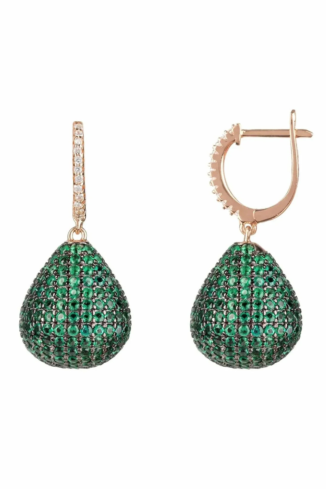 Rose gold pear drop gemstone earrings with emerald green stones