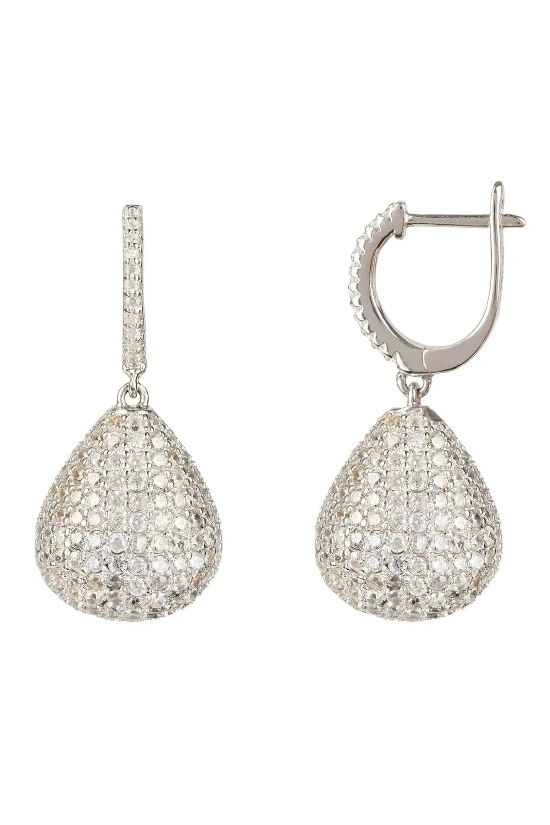Silver-tone CZ pear drop earrings with hinged back
