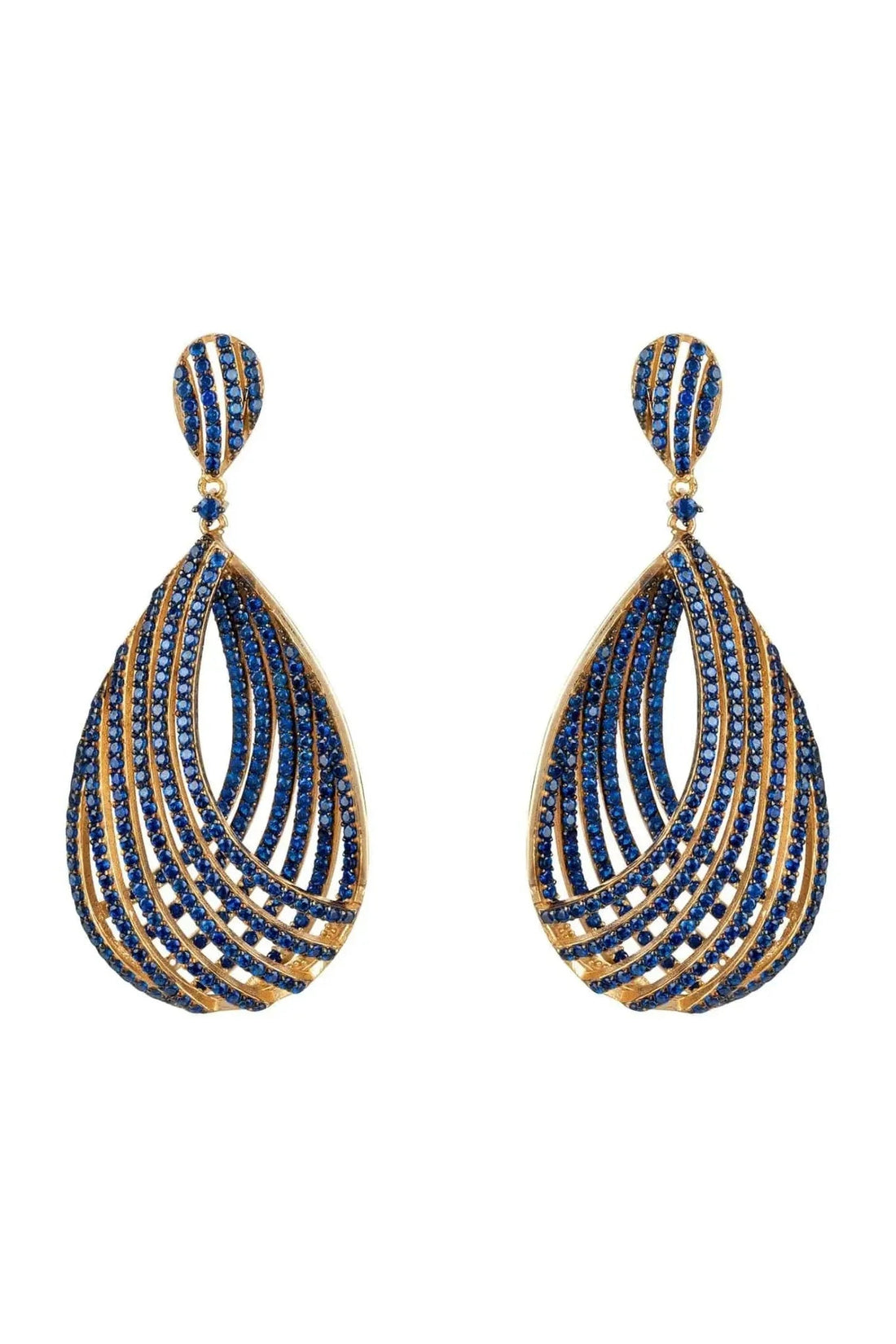 Sapphire blue CZ teardrop earrings with gold-tone hoop dangles