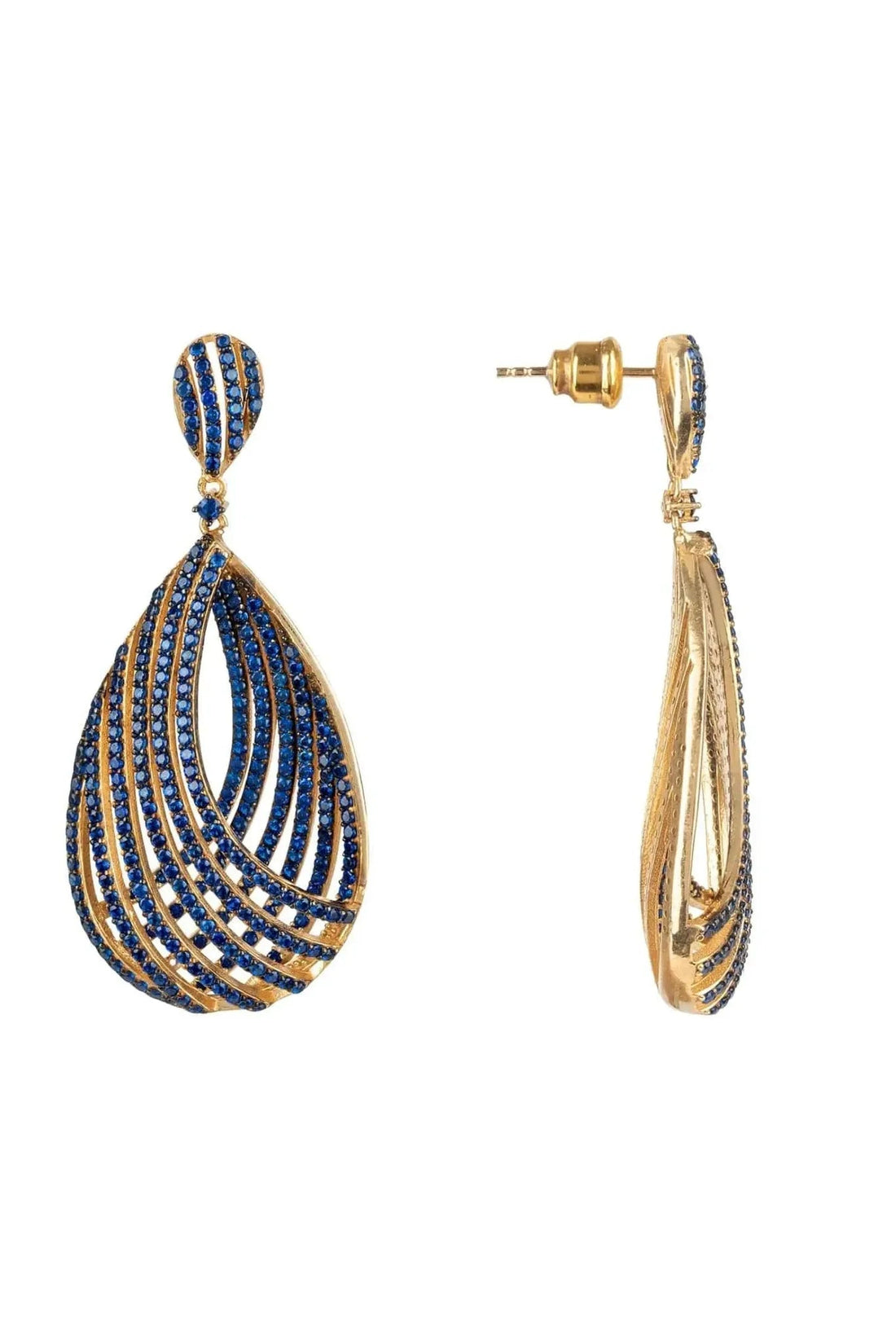 Teardrop CZ earrings with gold-tone posts and sapphire blue rows