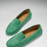 Pair of emerald embossed suede penny loafers with tan insoles