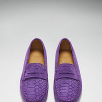 Pair of purple embossed suede penny loafers, viewed from above