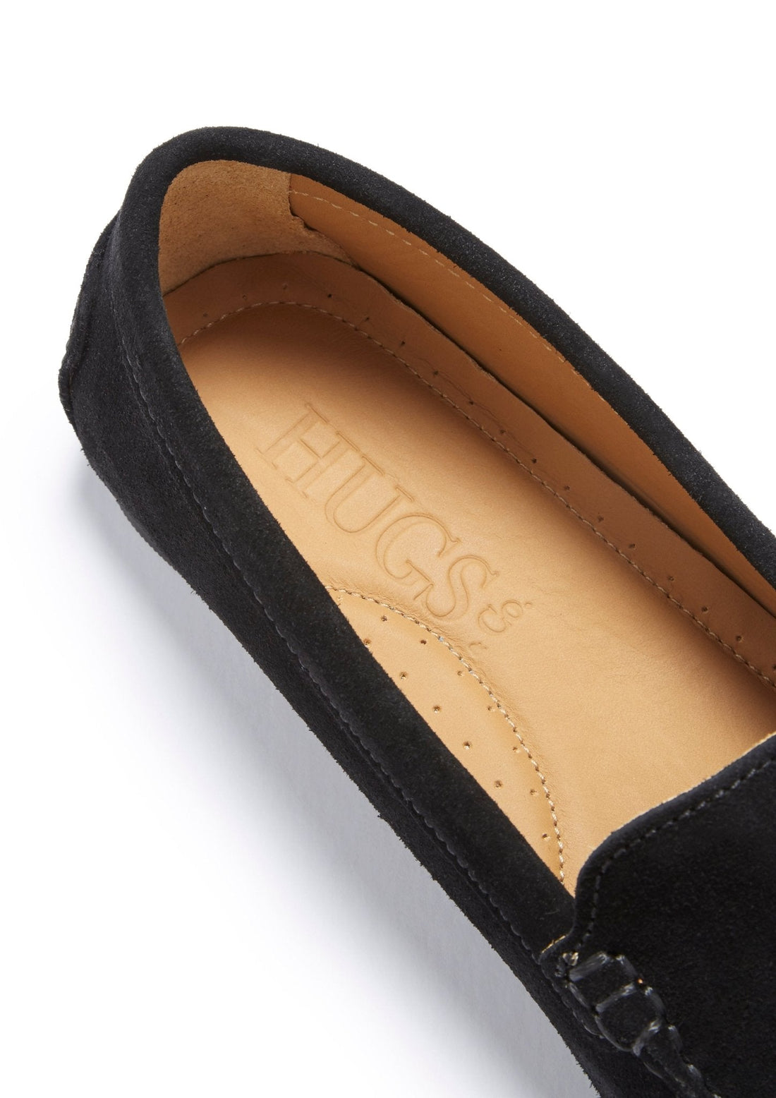 Close-up of a black suede loafer&