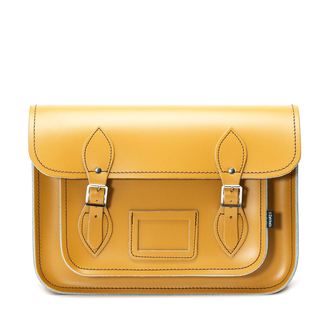 Yellow ochre leather satchel with flap closure, front pocket, and two buckle straps