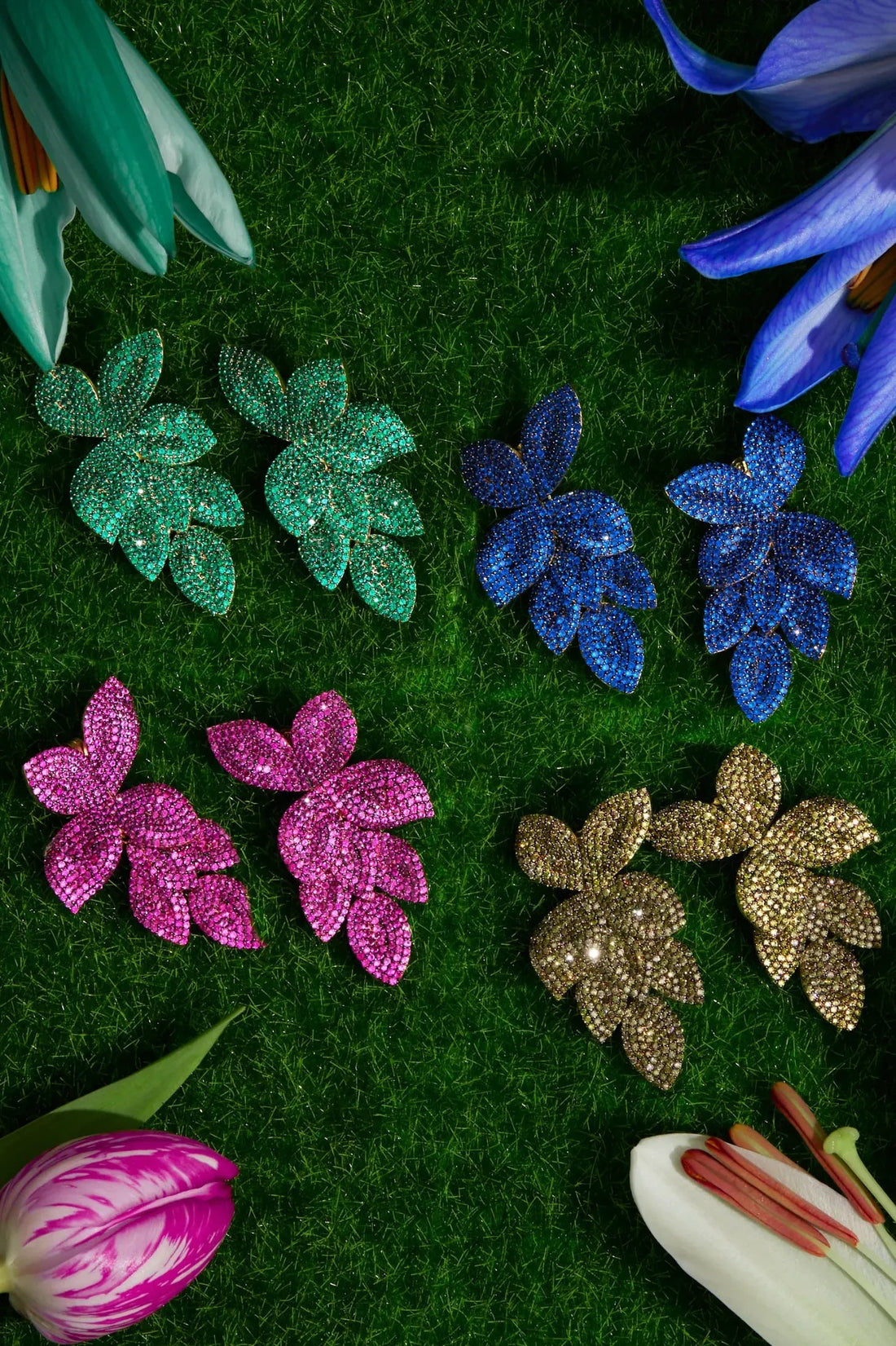 Petal Cascading Flower Earrings Gold Emerald Green-3