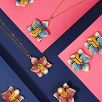 Daffodil With Pearl Earrings Gold Ruby CZ-2