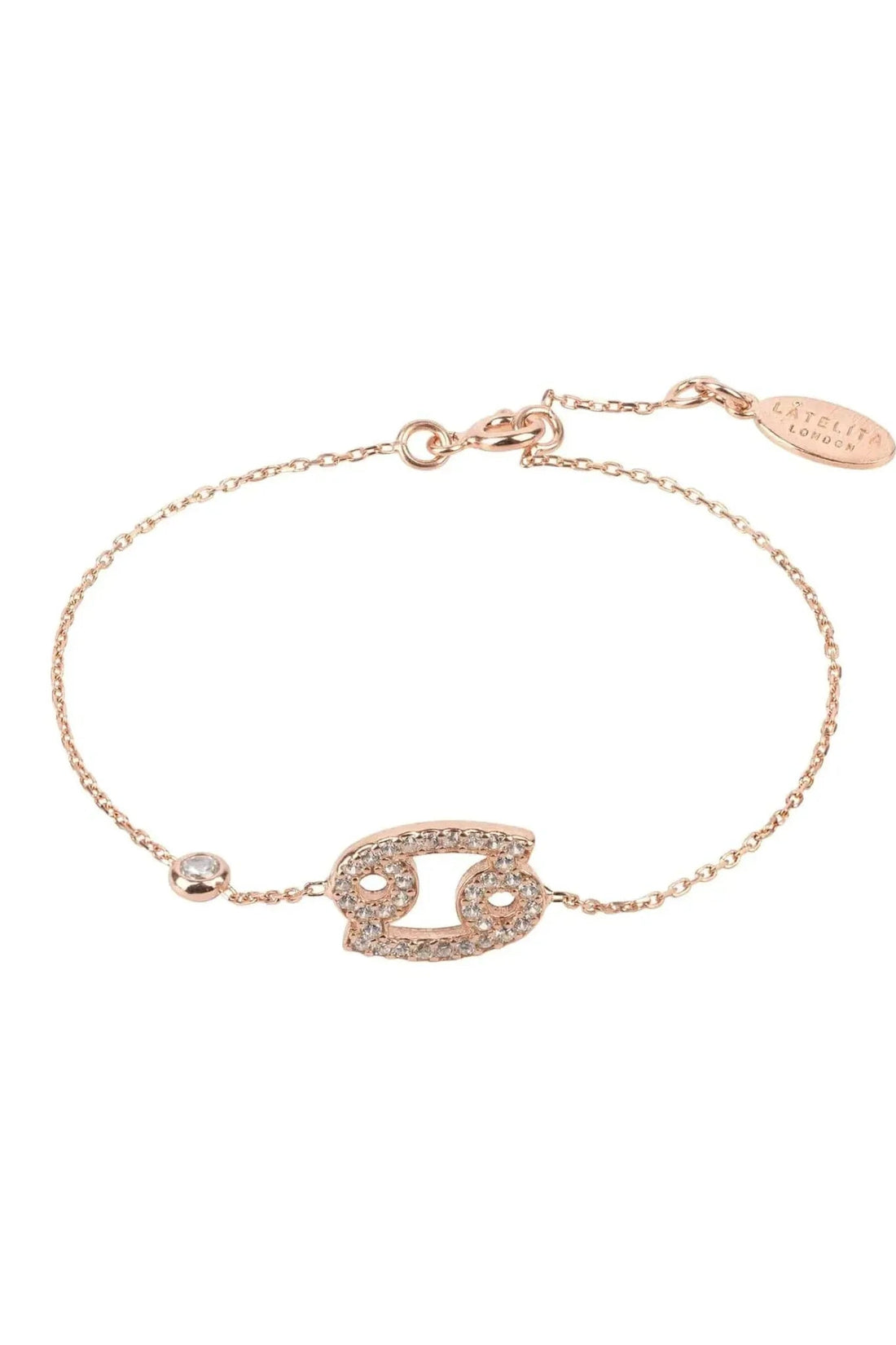 Cancer zodiac bracelet with rose-gold tone chain and oval crystal crab charm