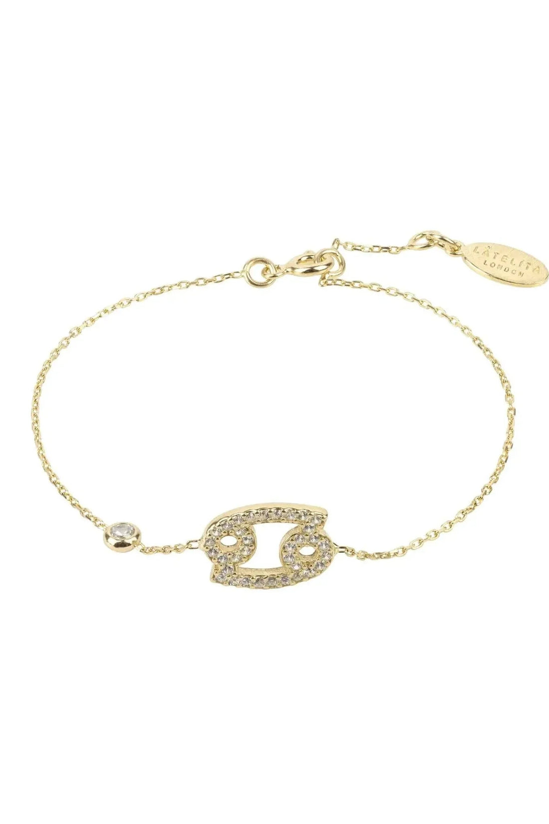 Cancer zodiac bracelet with gold-tone chain and oval crystal crab face charm