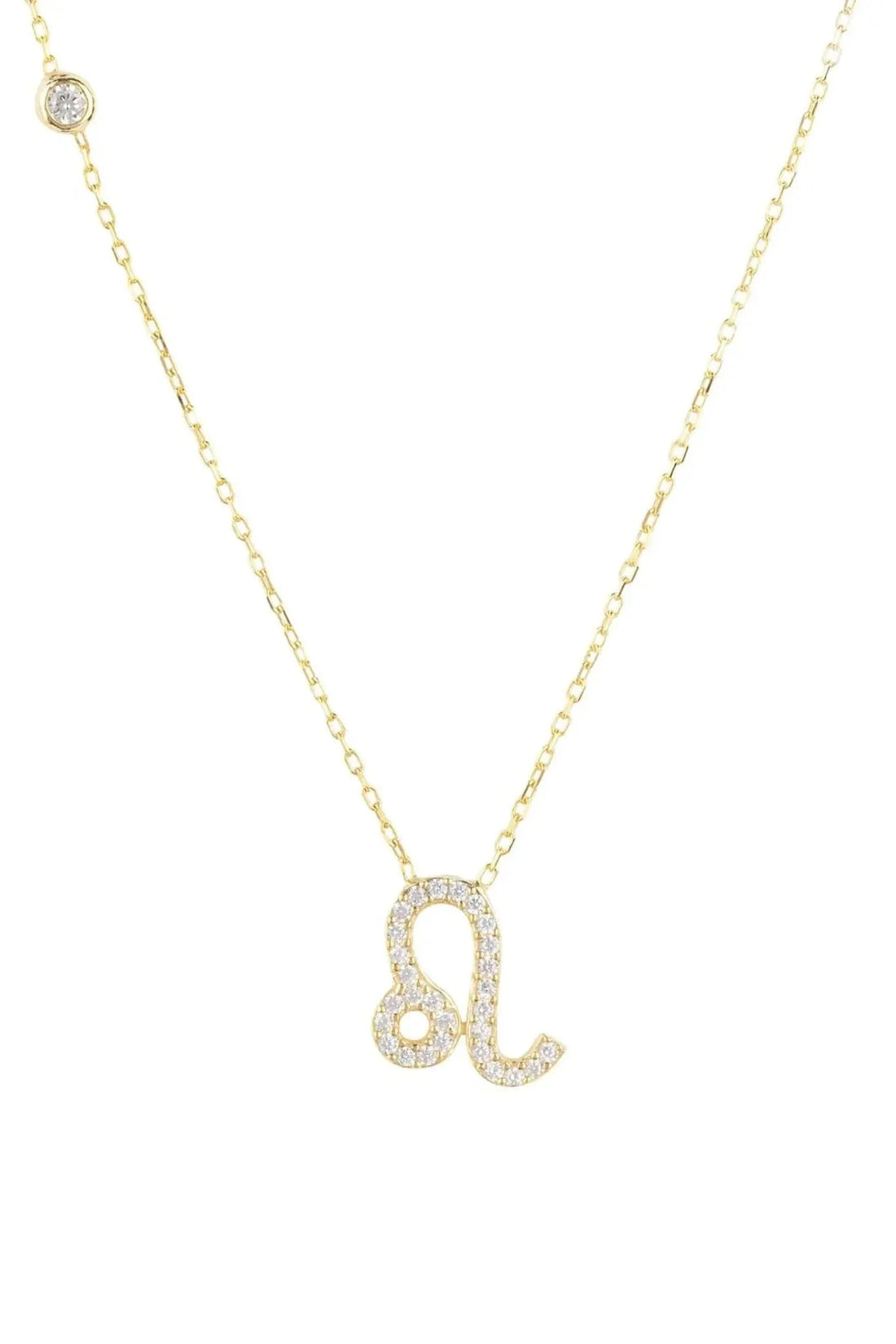 Gold zodiac pendant necklace with Leo symbol charm and crystal accents