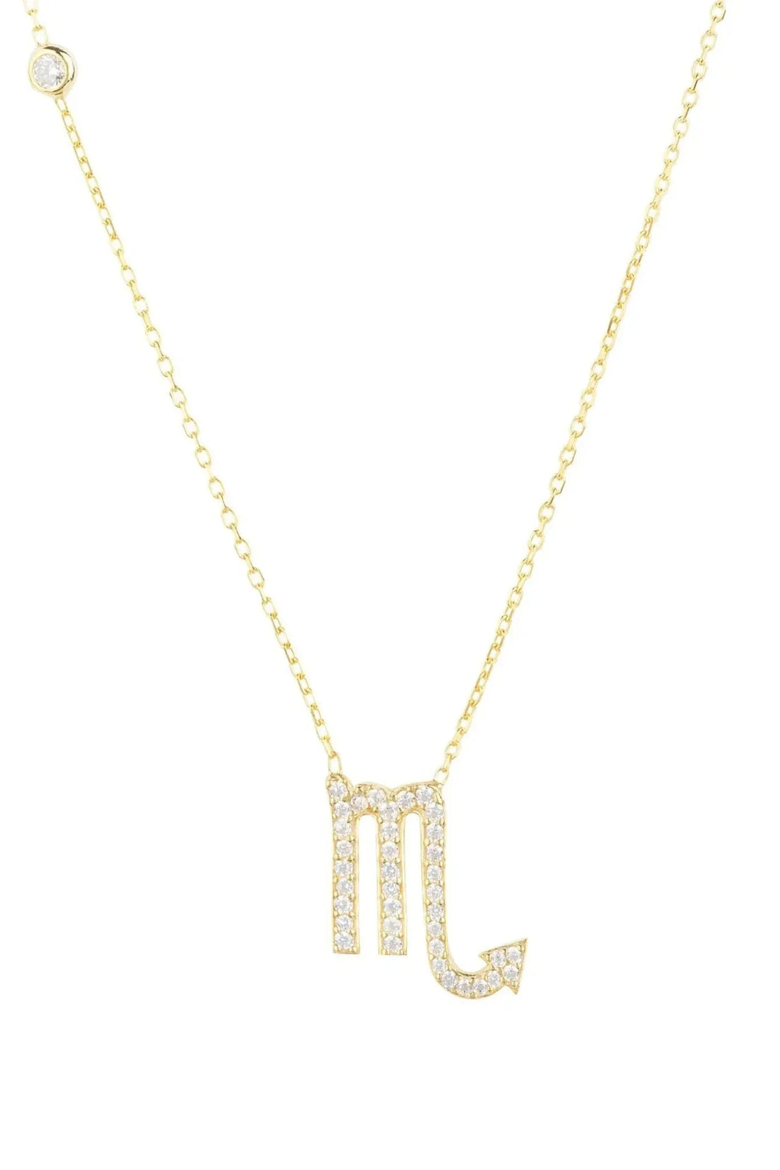 Gold zodiac pendant necklace with sparkling Scorpio glyph on a thin chain