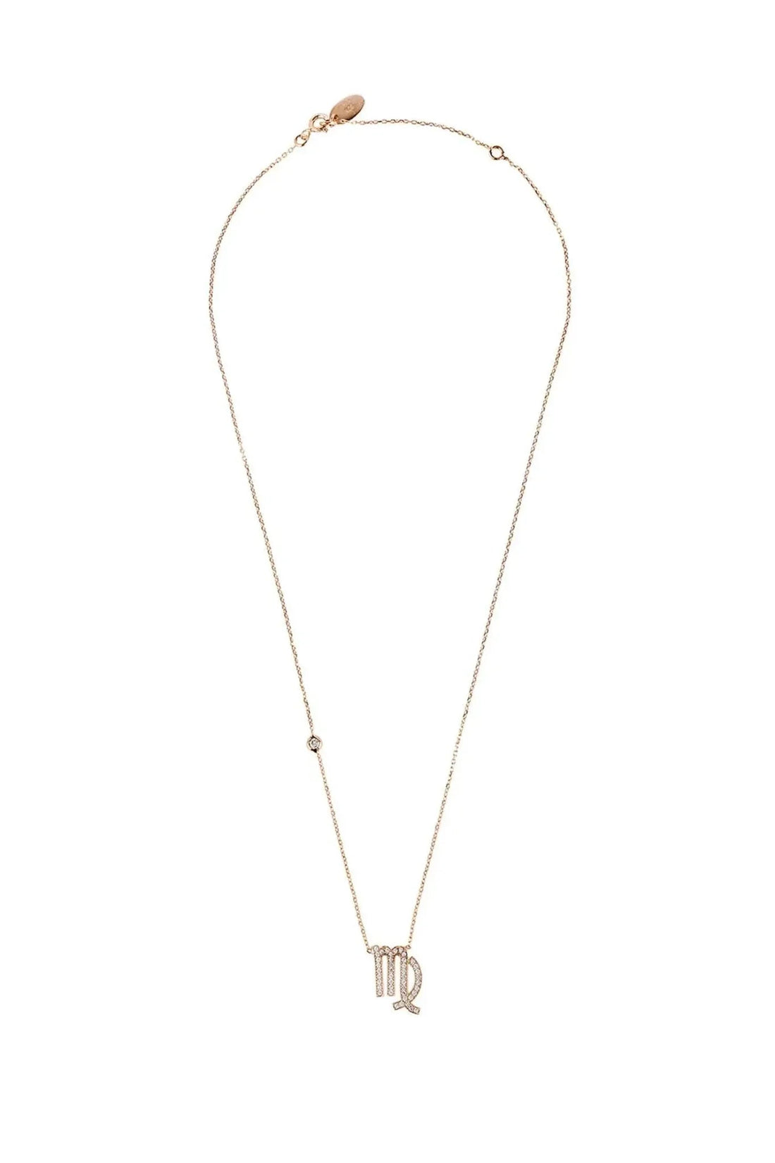 Rose gold Virgo zodiac pendant necklace with thin chain and round bead detail.