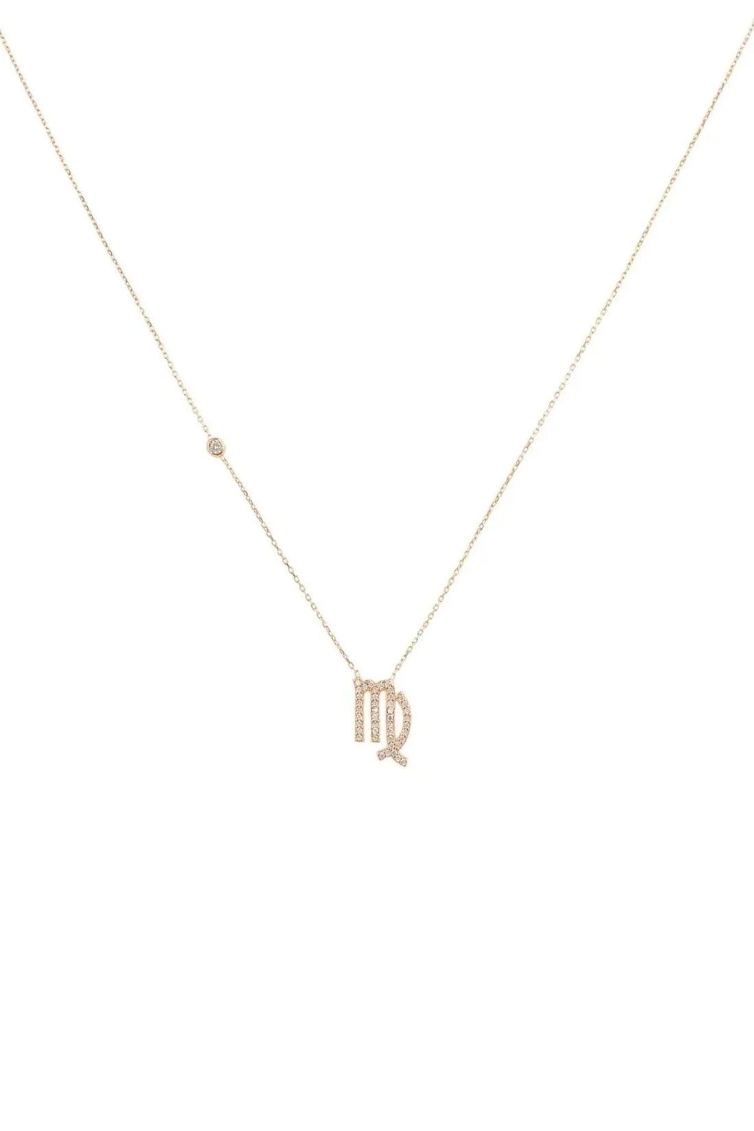 Rose gold Virgo zodiac pendant necklace with thin chain and glyph charm.
