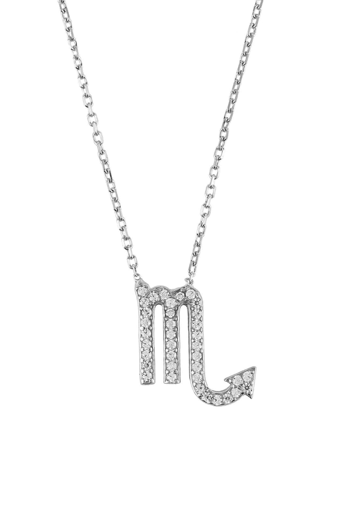 Silver zodiac star sign pendant necklace with faceted Scorpio symbol on chain